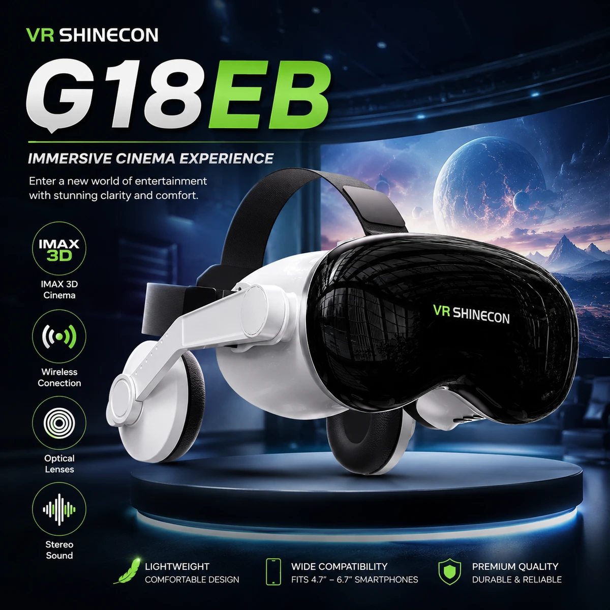 Shinecon G18EB 3D VR Glasses HD Lenses for 4.7-7" Smartphones Android iOS